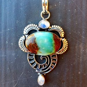 New Chrysoprase & Rainbow Moonstone 925 Silver Pendant